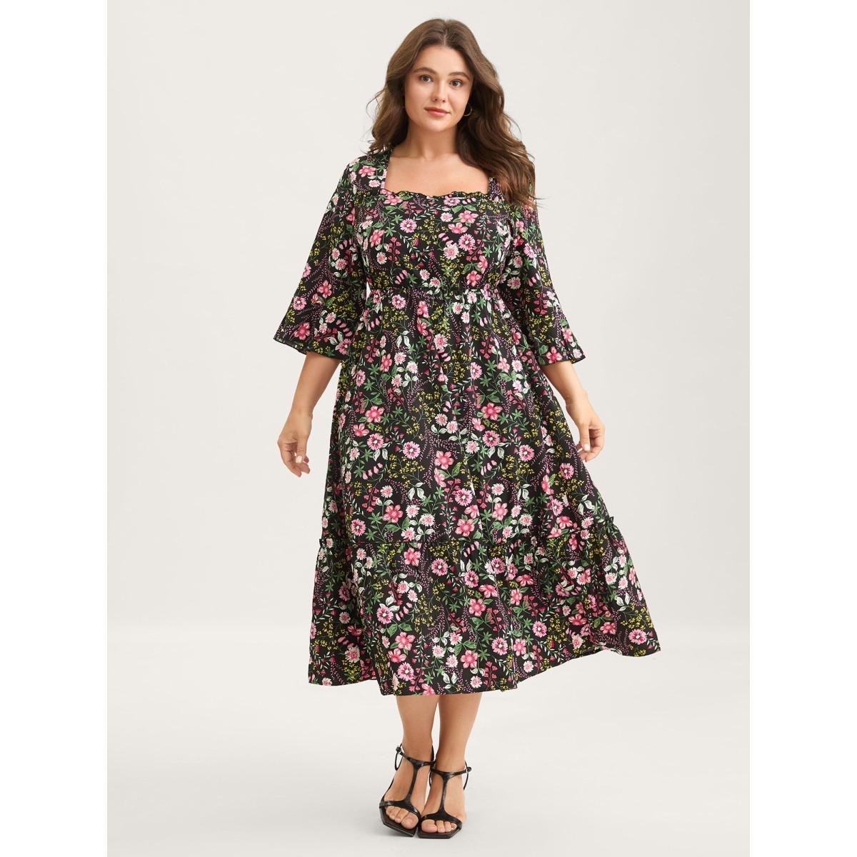 Plus Size Floral Ruffled Square Neck Midi Dress Black Women Ruffles Square Neck Elbow-length sleeve Curvy BloomChic 26/4X Product Image