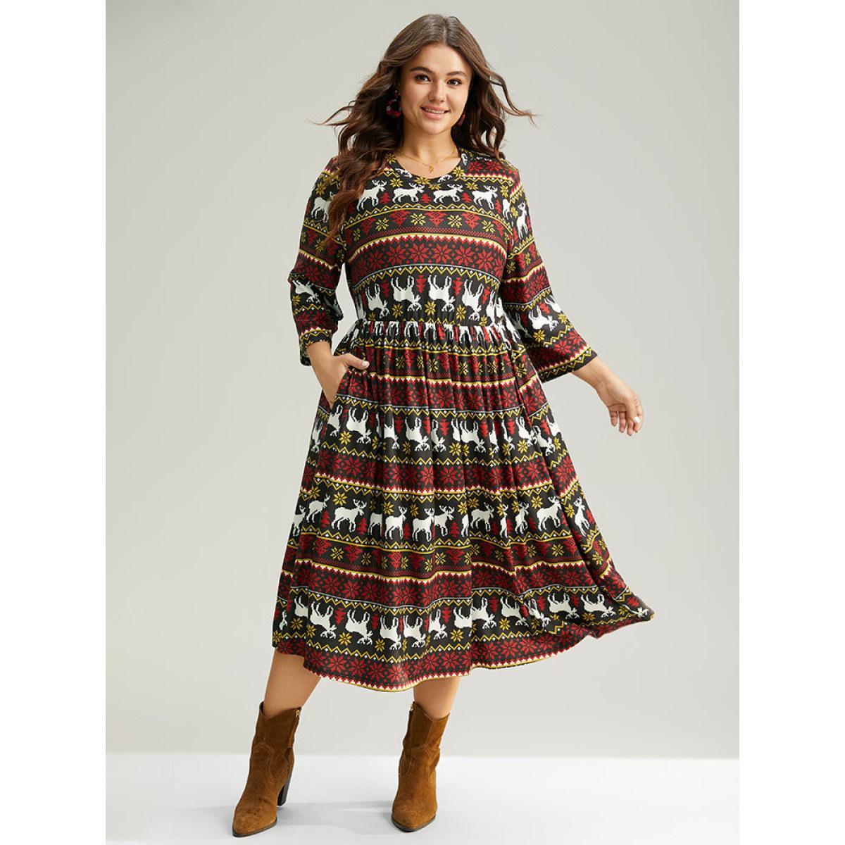 Plus Size Christmas Elk Contrast Elastic Waist Dress Multicolor Women Casual Printed Round Neck Long Sleeve Curvy Midi Dress BloomChic 18-20/2X Product Image
