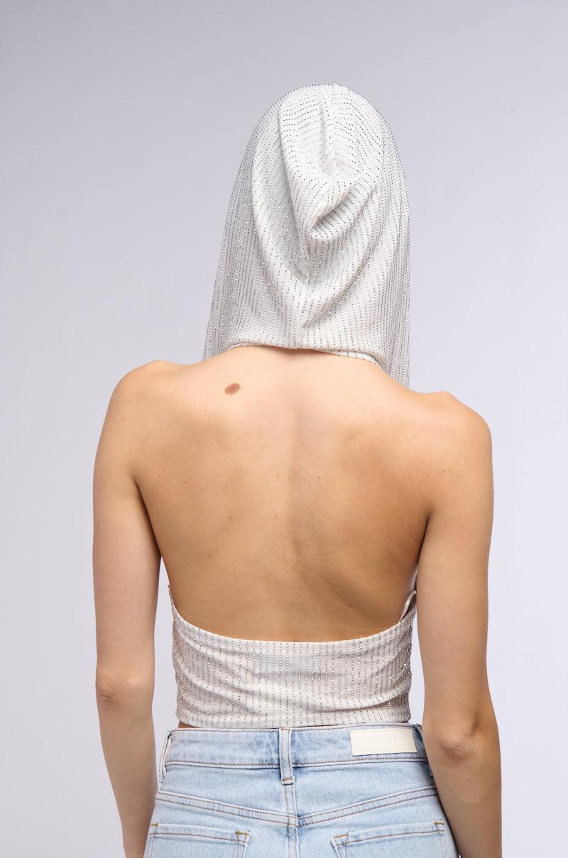IN THE NAME OF LOVE HOODED RHINESTONE TOP IN WHITE Product Image