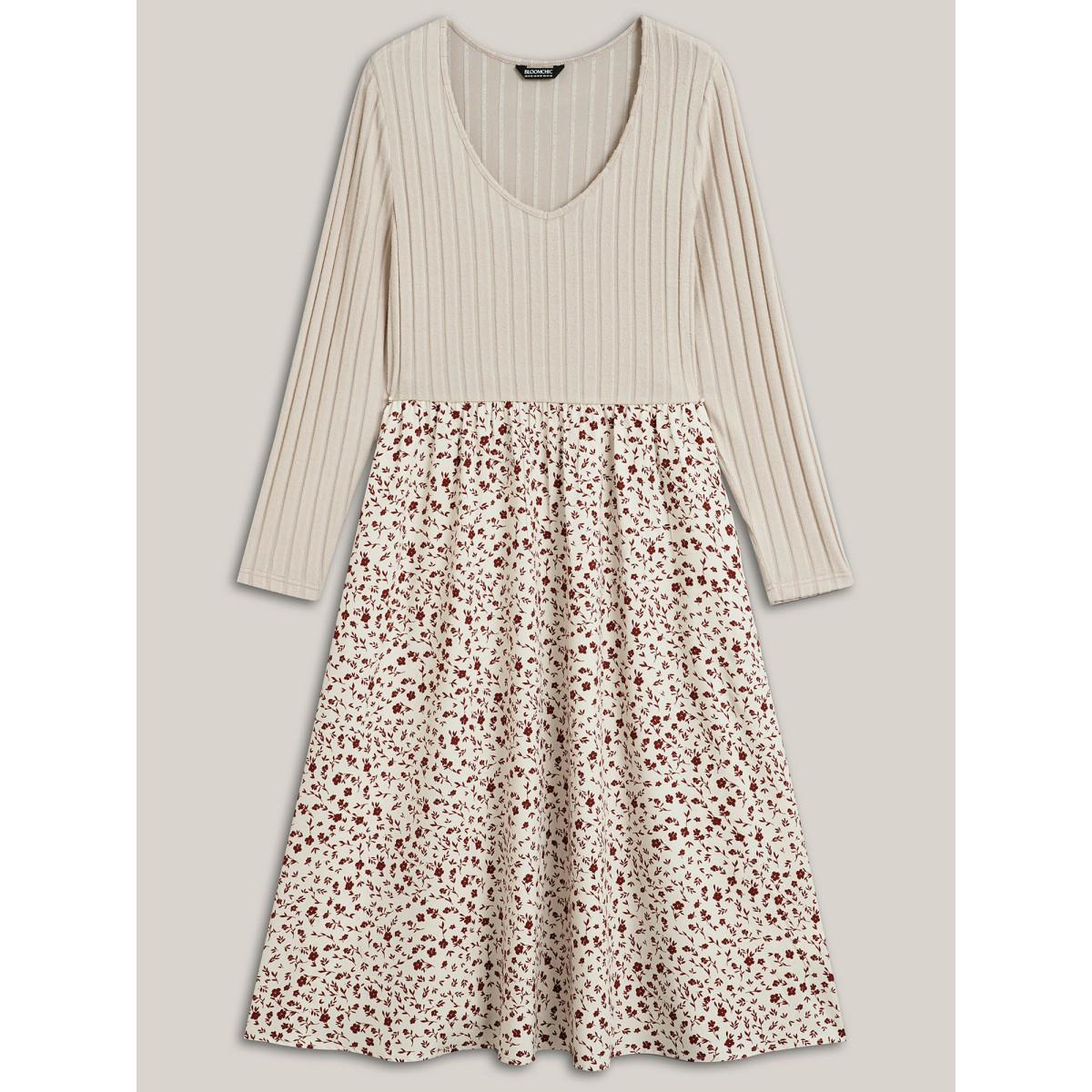 Plus Size Ditsy Floral Patchwork Texture Midi Dress Apricot Women Elegant Texture V-neck Long Sleeve Curvy BloomChic 12/L Product Image