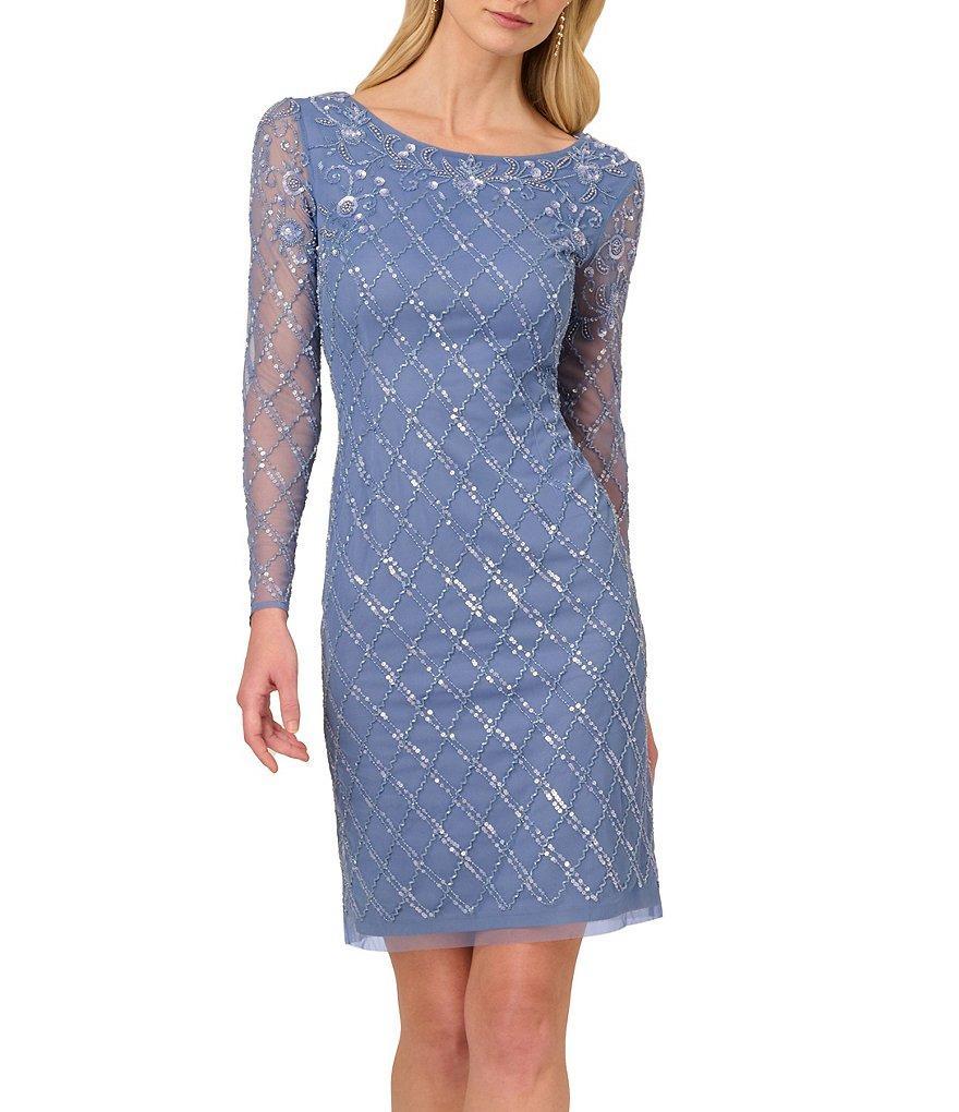 Adrianna Papell Boat Neck Illusion Long Sleeve Beaded Sheath Dress Product Image