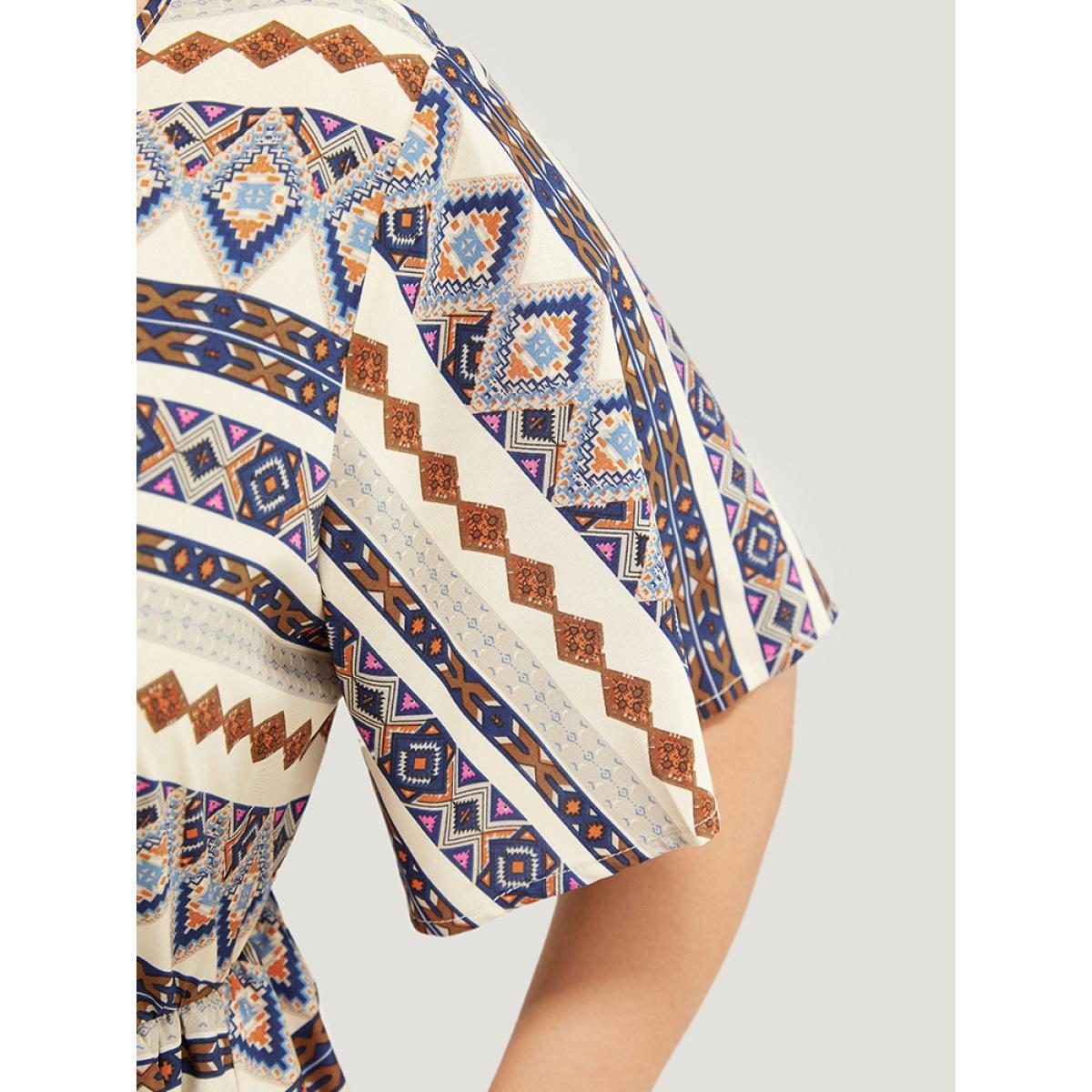 Plus Size Bandana Print Pocket Ruffle Keyhole Knee Dress Multicolor Women Vacation Keyhole V-neck Short sleeve Curvy Knee Dress BloomChic 28/5X Product Image