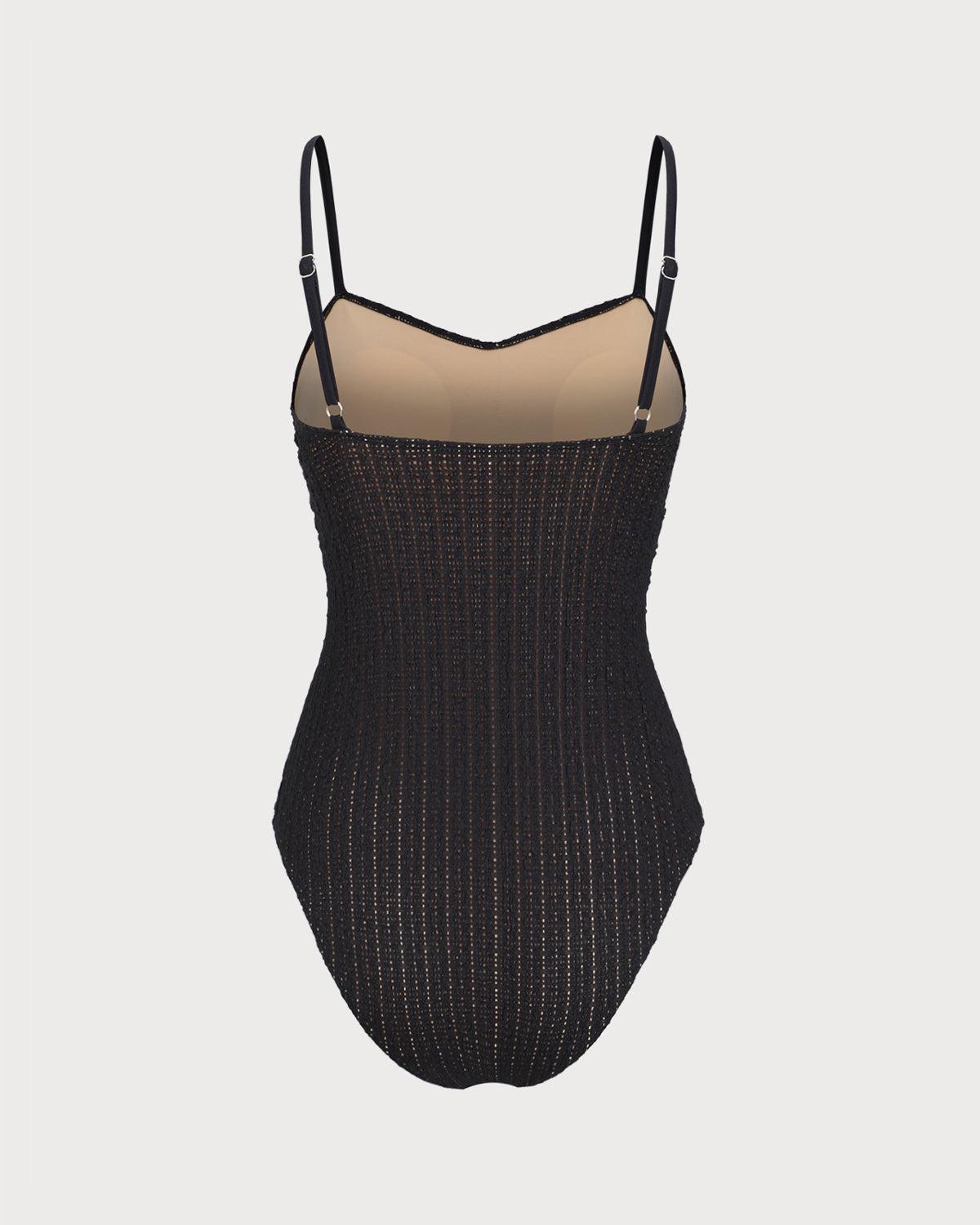 Black Hollow Wrinkled One-Piece Swimsuit Product Image