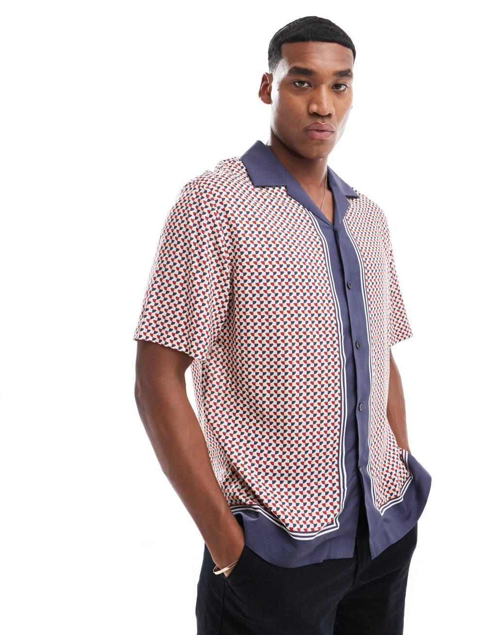 Selected Homme oversized revere collar shirt with border print in navy Product Image