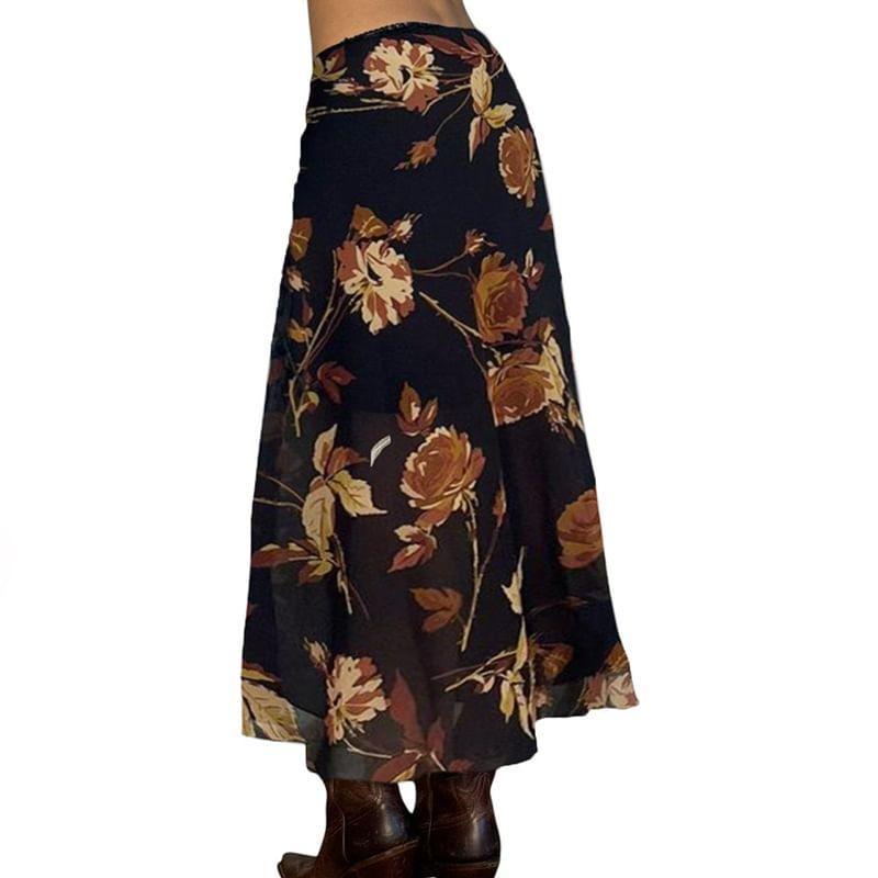 Low Waist Floral Print Midi A-Line Skirt Product Image