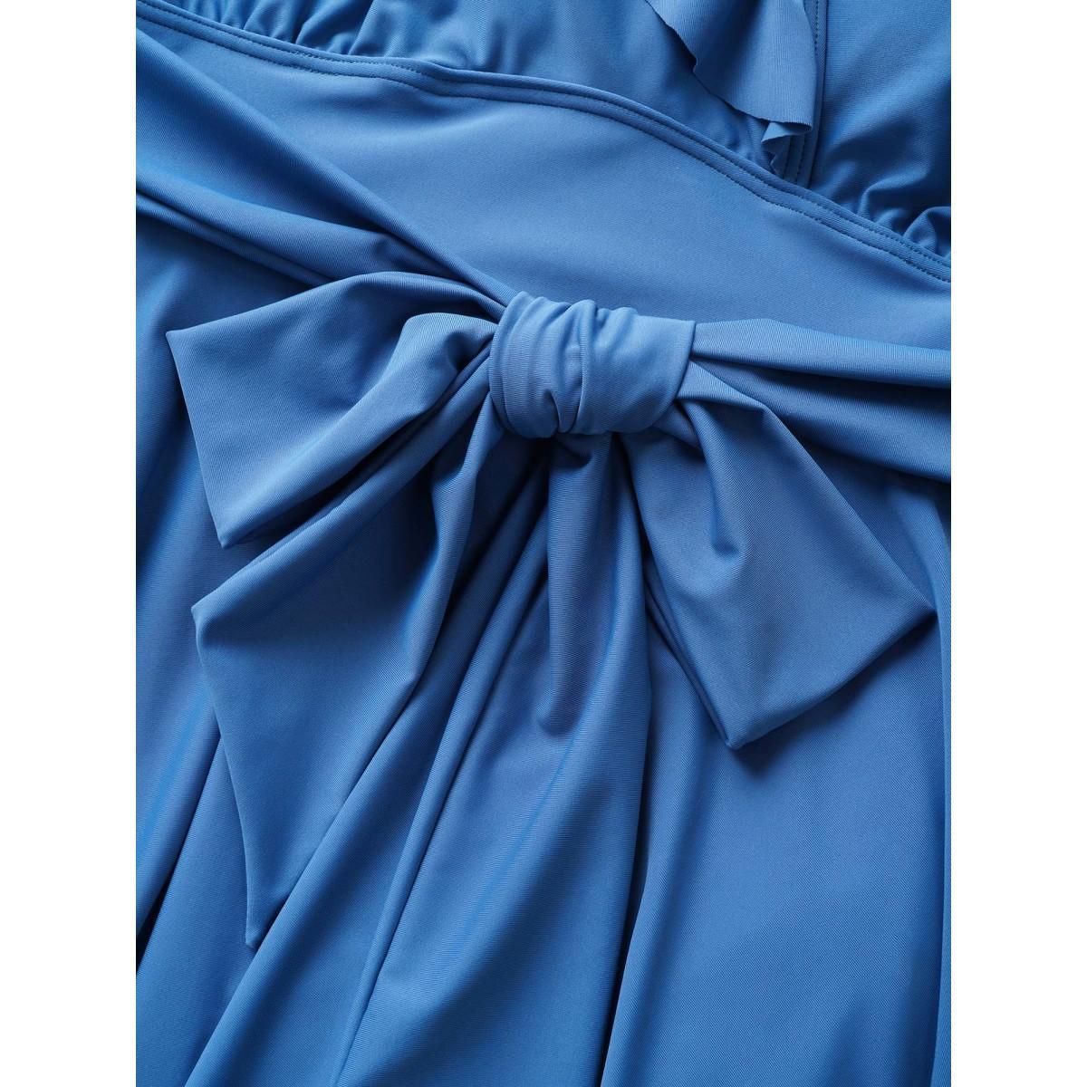 Plus Size Solid Ruffle Trim Tie Knot Swim Dress Women's Swimwear Cerulean Beach Bodycon V-neck High stretch Curve Swim Dresses BloomChic 18-20/2X Product Image