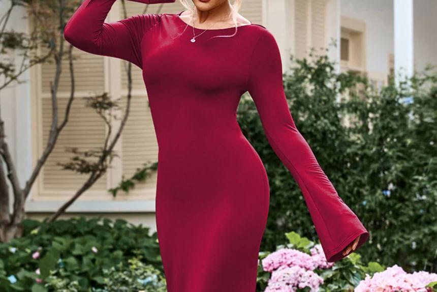 Long-Sleeve Round Neck Plain Midi Mermaid Dress Product Image
