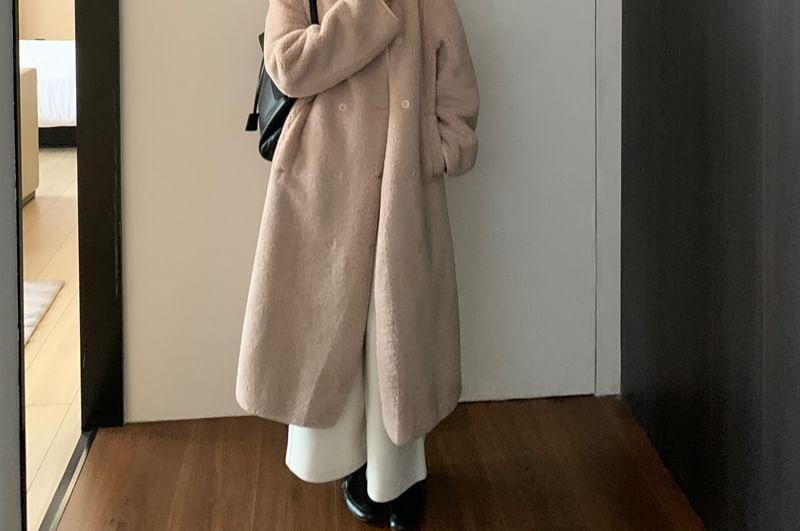 Stand Collar Faux Shearling Midi Double Breasted Coat Product Image