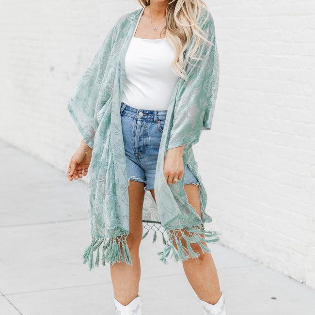 Unapologetically You Sage Velvet Floral Fringe Trim Kimono FINAL SALE Product Image