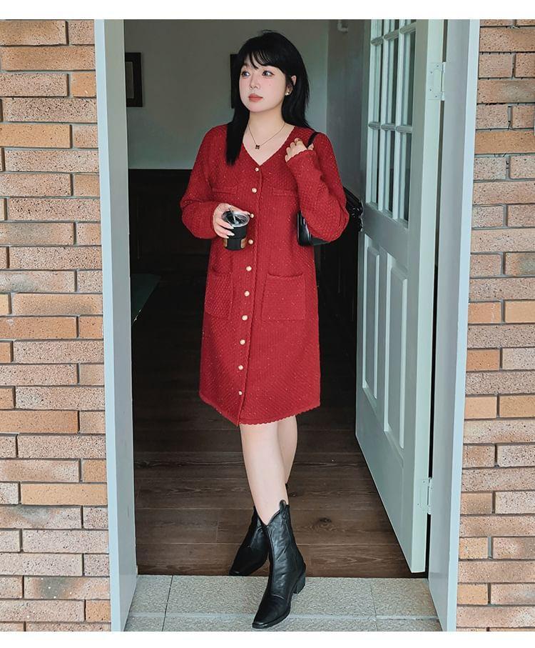 Long Sleeve V-Neck Plain Glitter Button Knit Midi A-Line Dress Product Image