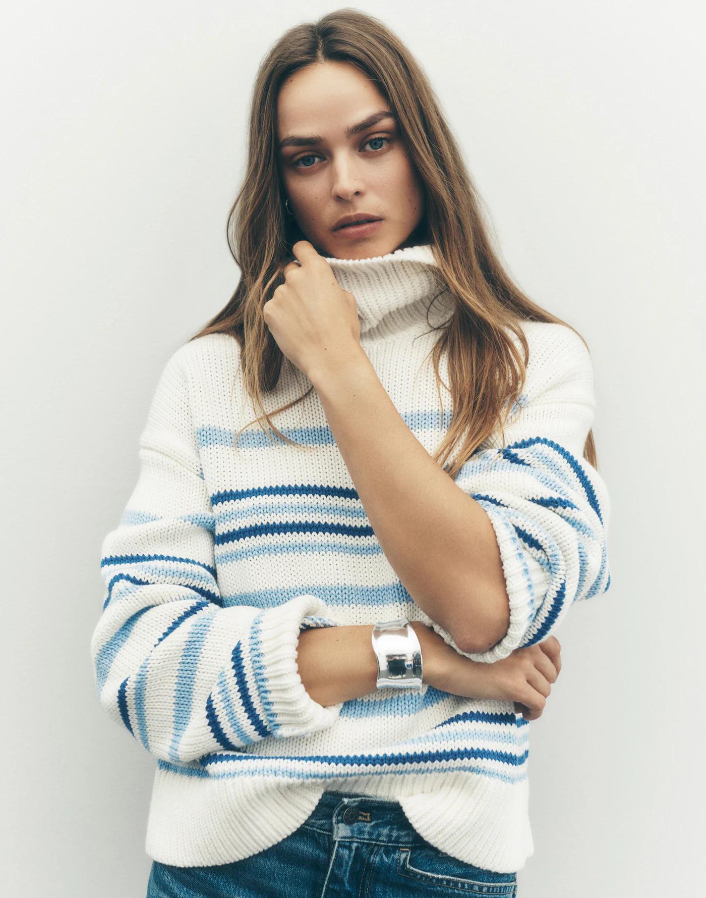 Ribbed Cotton Turtleneck Sweater in Stripe Product Image