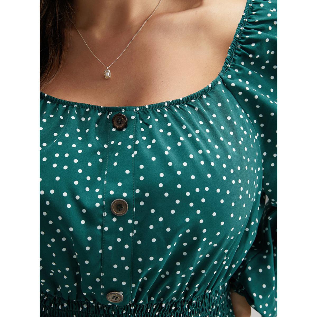 Plus Size Polka Dot Square Neck Shirred Button Detail Dress Teal Women Elegant Elastic cuffs Square Neck Long Sleeve Curvy Midi Dress BloomChic 10/M Product Image