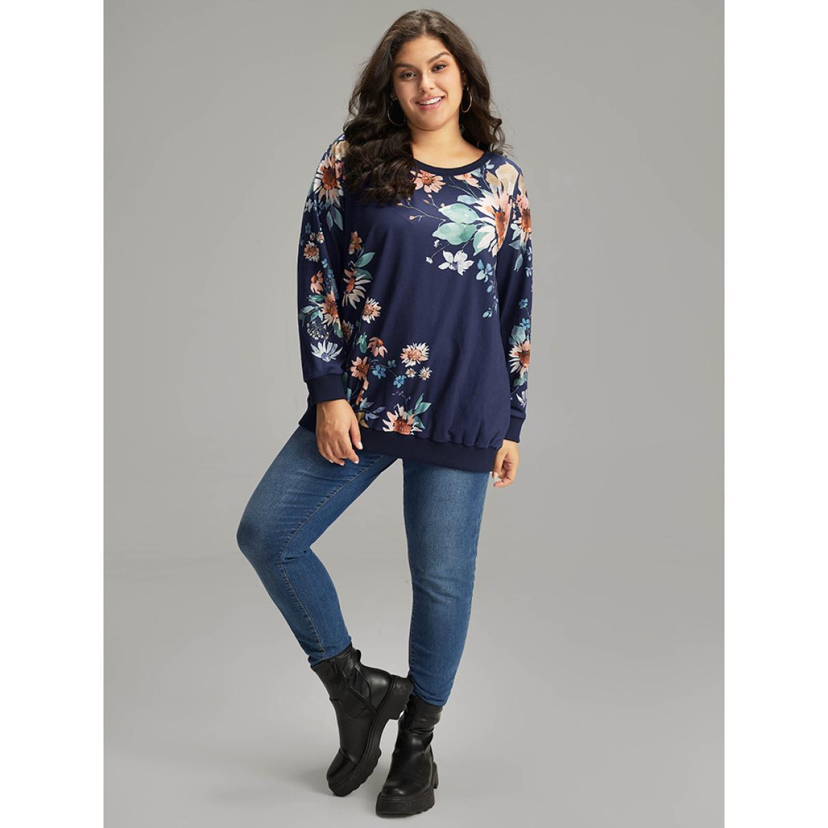 Plus Size Floral Print Round Neck Sweatshirt Women Indigo Casual Elastic cuffs Round Neck Dailywear Sweatshirts BloomChic 14-16/1X Product Image