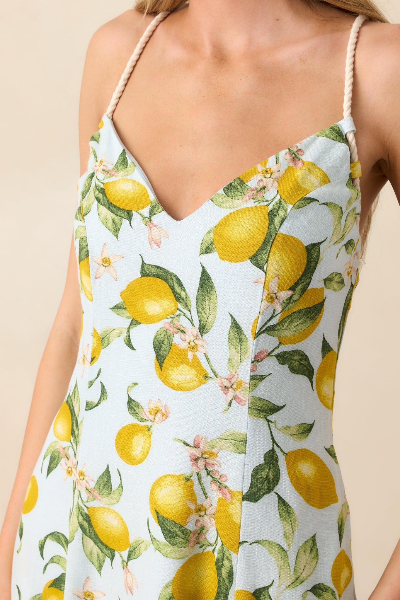 In The Shade Light Blue Lemon Print Cross Back Maxi Dress Product Image