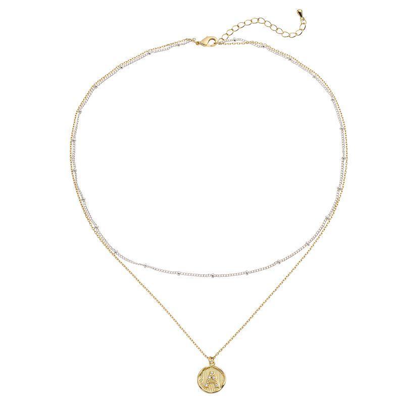 City Luxe Two Tone Layered Initial Disc Necklace with Cubic Zirconia, Women's, Size: 18", Two Tone S Product Image