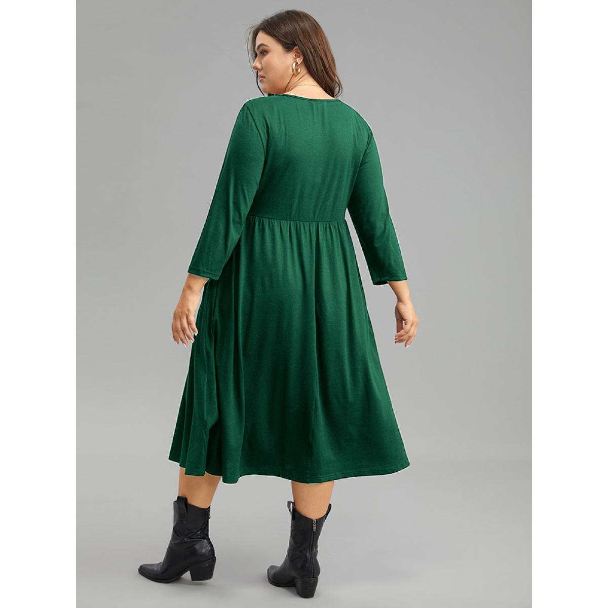 Plus Size Supersoft Essentials Square Neck Ruched Dress DarkGreen Women Casual Gathered Square Neck Elbow-length sleeve Curvy Midi Dress BloomChic 26/4X Product Image