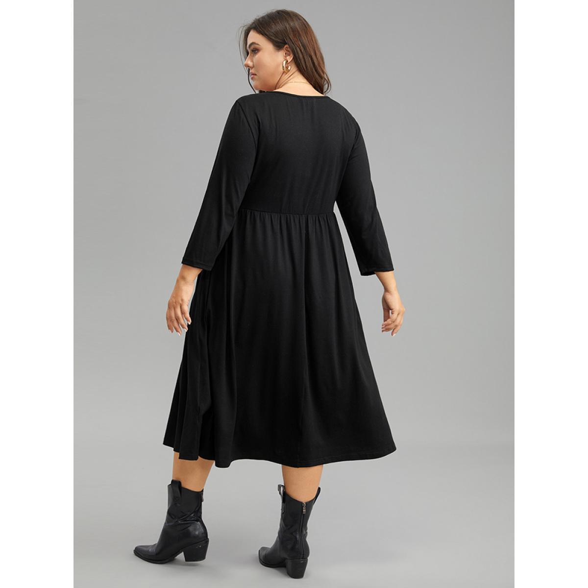 Plus Size Supersoft Essentials Square Neck Ruched Dress Black Women Casual Gathered Square Neck Elbow-length sleeve Curvy Midi Dress BloomChic 14-16/1X Product Image
