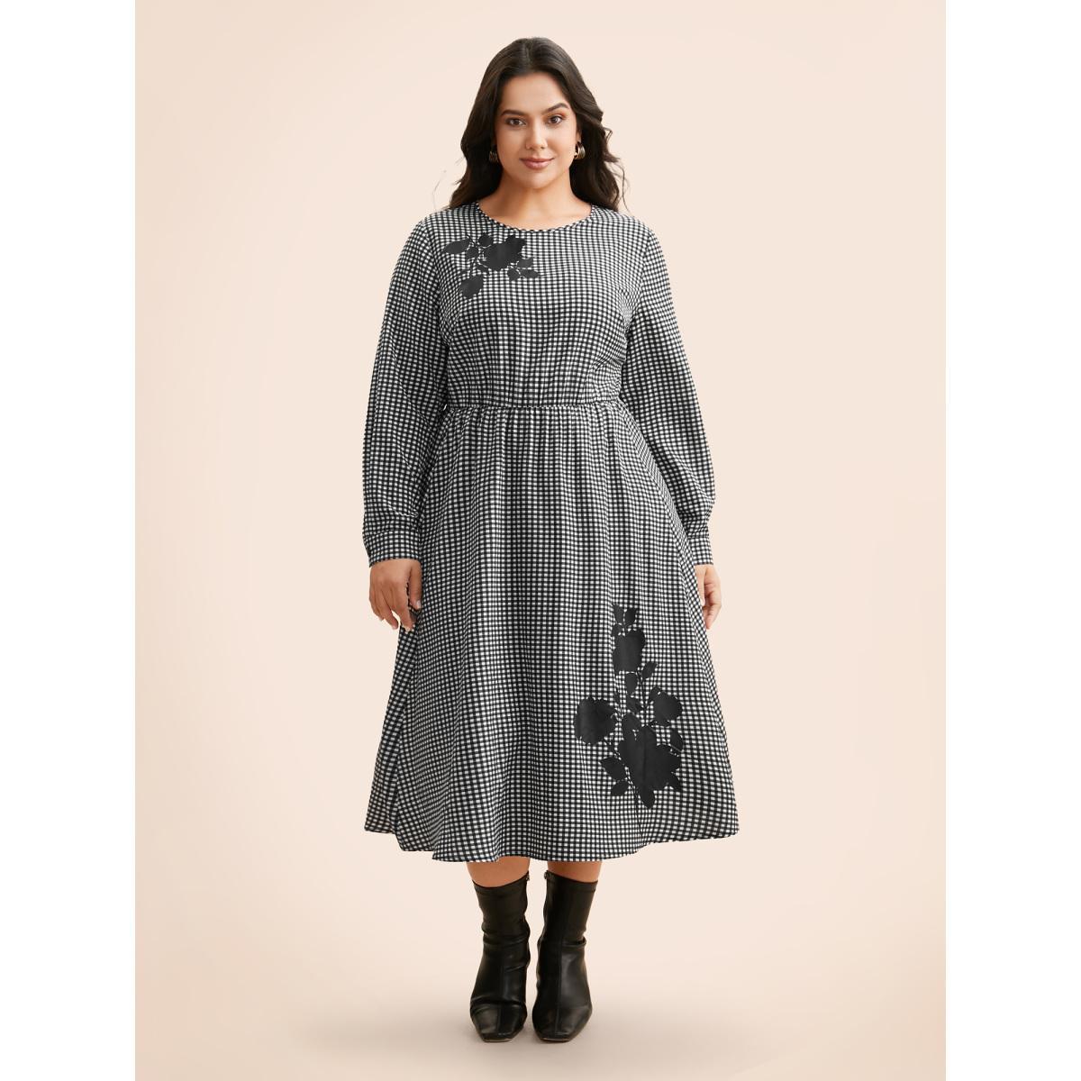 Plus Size Gingham Silhouette Floral Print Midi Dress Black Women Elegant Non Round Neck Long Sleeve Curvy BloomChic 28/5X Product Image