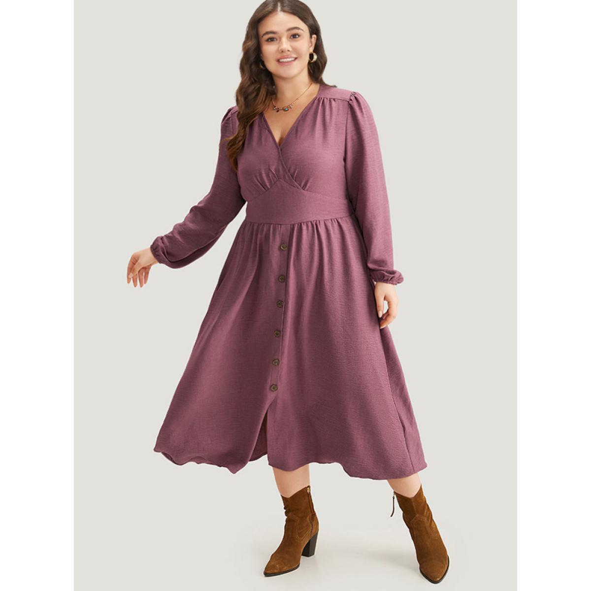 Plus Size Twill Gathered Button Detail Lantern Sleeve Dress DustyPink Women Casual Elastic cuffs V-neck Long Sleeve Curvy Midi Dress BloomChic 12/L Product Image