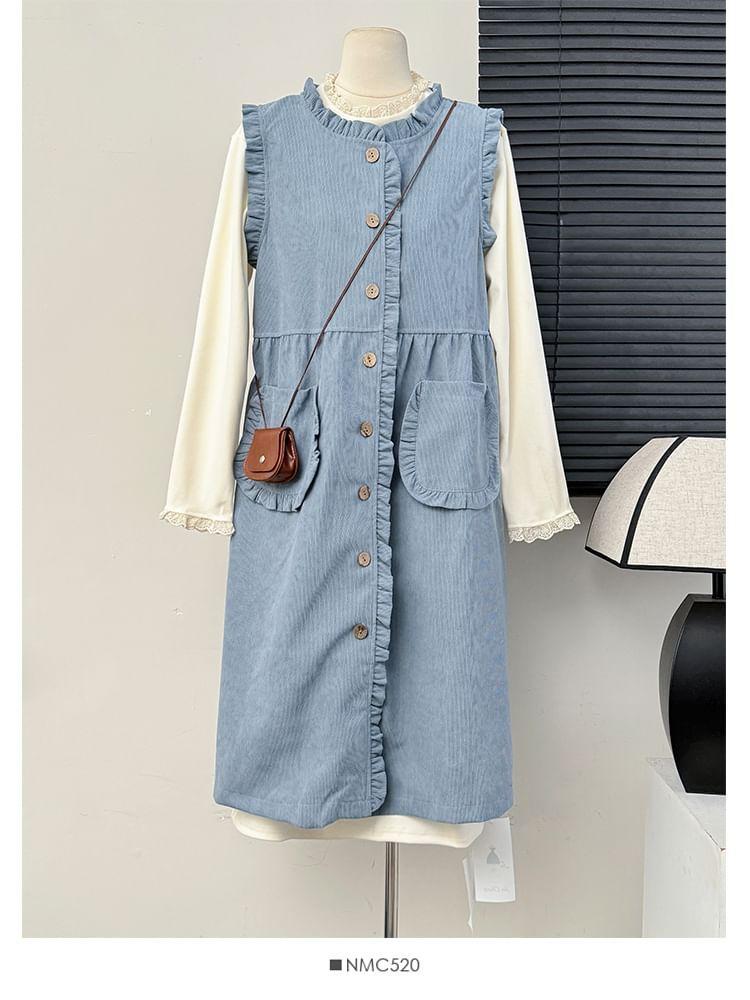 Set: Ruffled Button-Up Midi Dress + Lace-Trim Long-Sleeve Dress Product Image