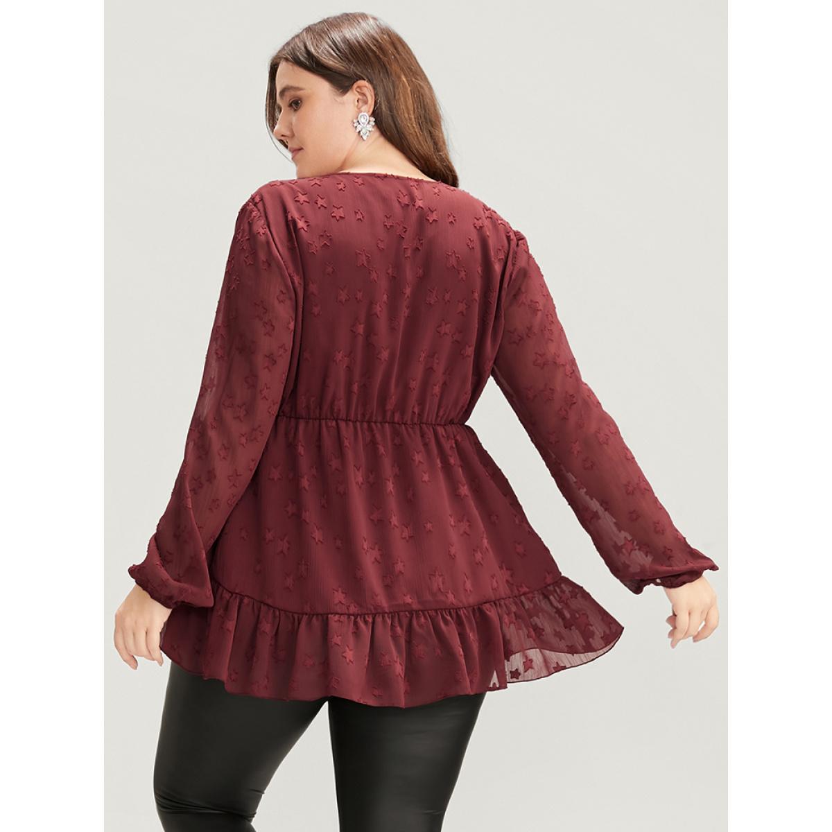 Plus Size Burgundy Star Mesh Lantern Sleeve Surplice Neck Ruffle Hem Blouse Women Glamour Long Sleeve V-neck Going out Blouses BloomChic 28/5X Product Image