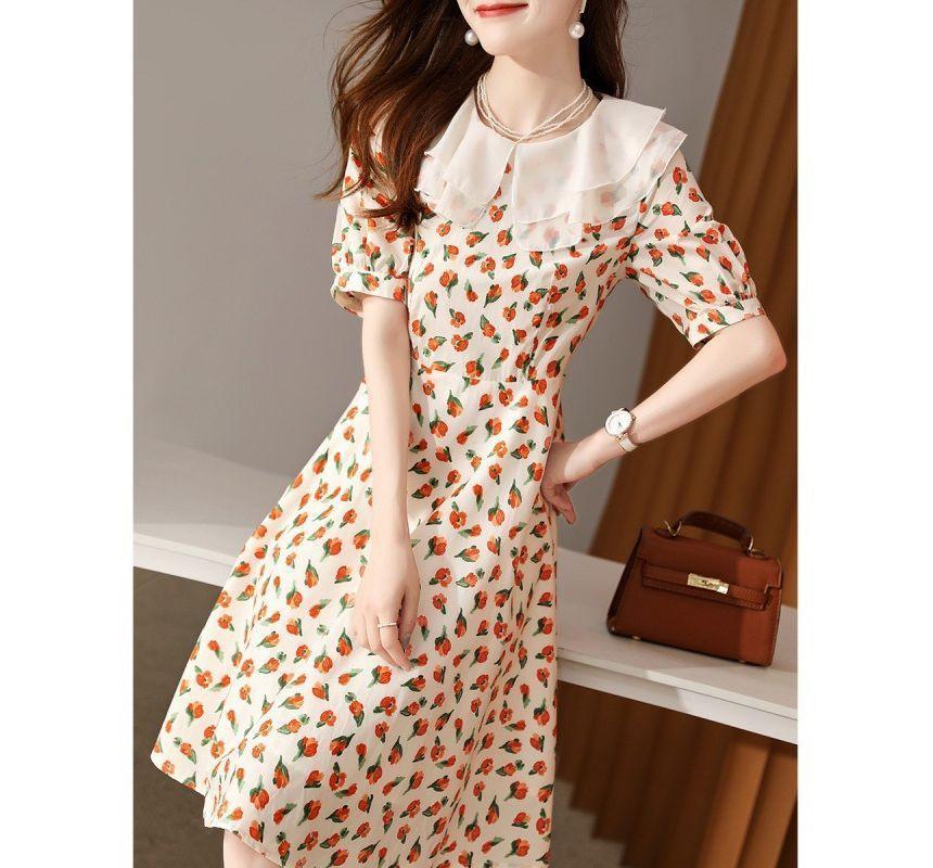 Short-Sleeve Collared Floral Midi A-Line Dress Product Image