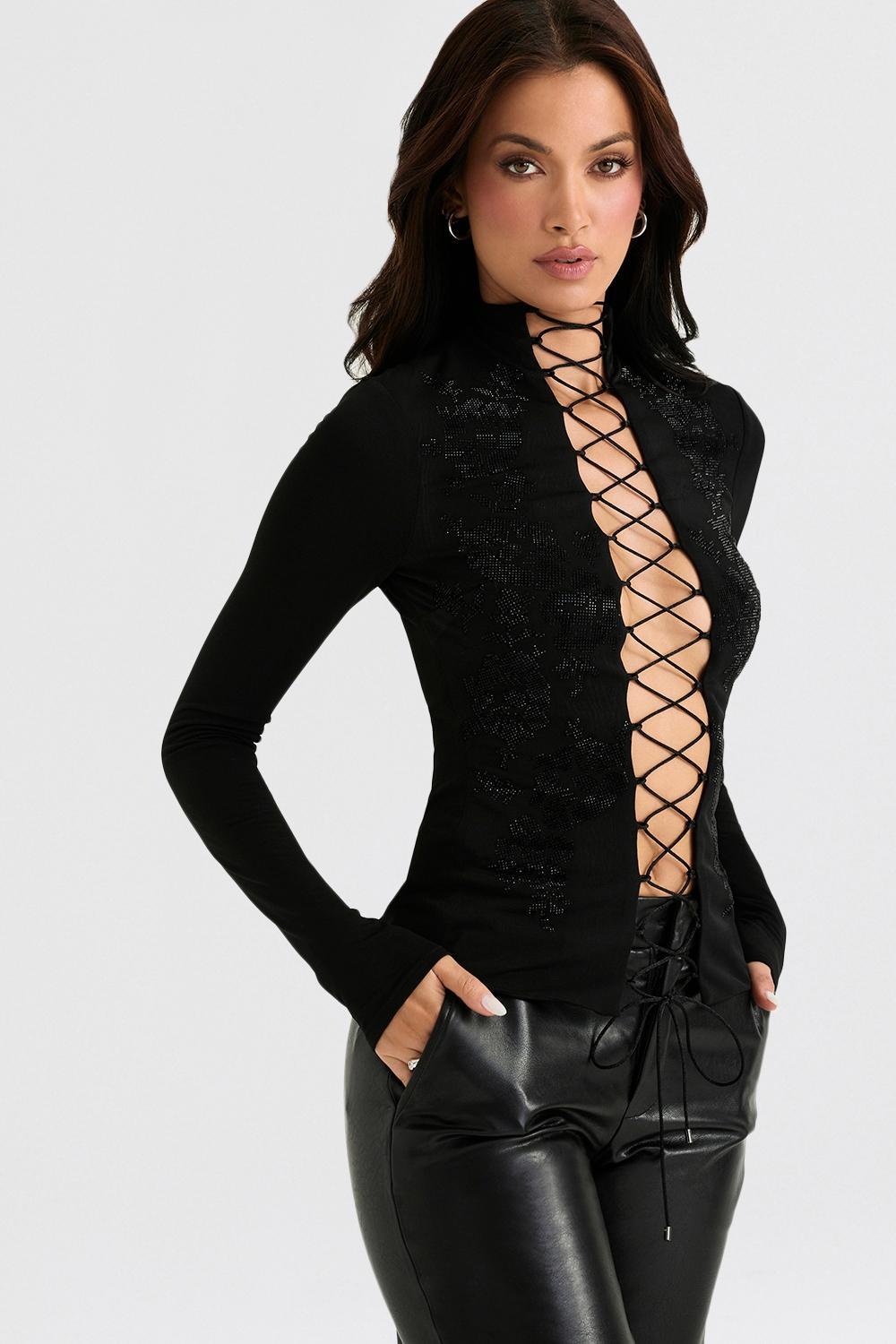 Lori Black Crystallised Lace Up Top Product Image