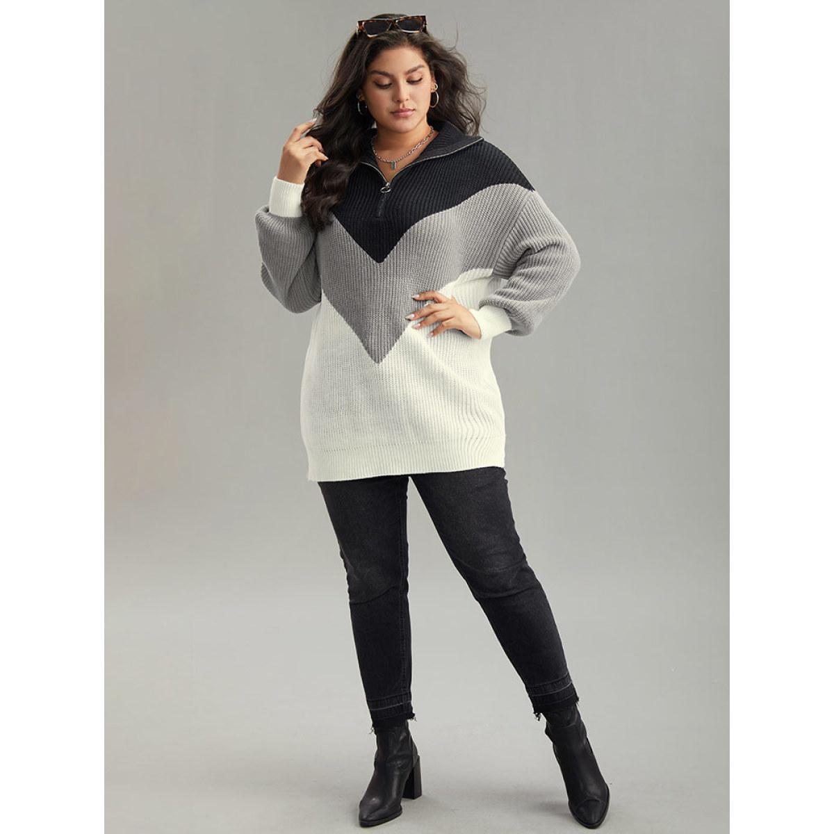 Plus Size Colorblock Patchwork Zipper Lapel Collar Pullover Multicolor Women Casual Long Sleeve Lapel Collar Everyday Pullovers BloomChic 26/4X Product Image