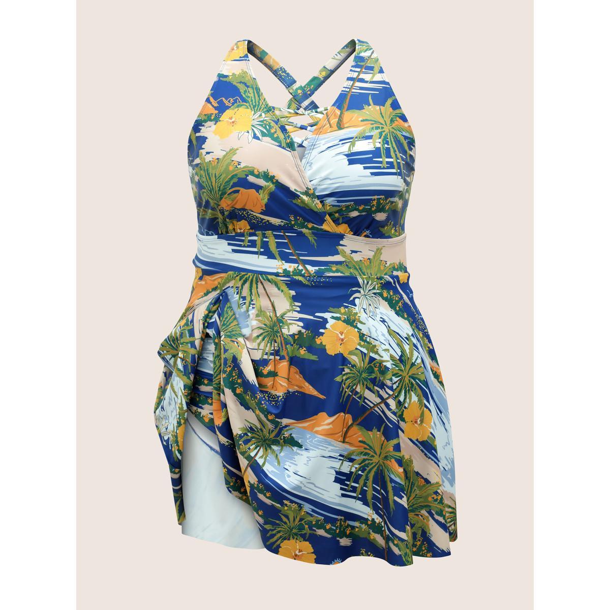 Plus Size Tropical Print Crisscross Cut Out Swim Dress Women's Swimwear Multicolor Beach Bodycon V-neck High stretch Curve Swim Dresses BloomChic 12/L Product Image