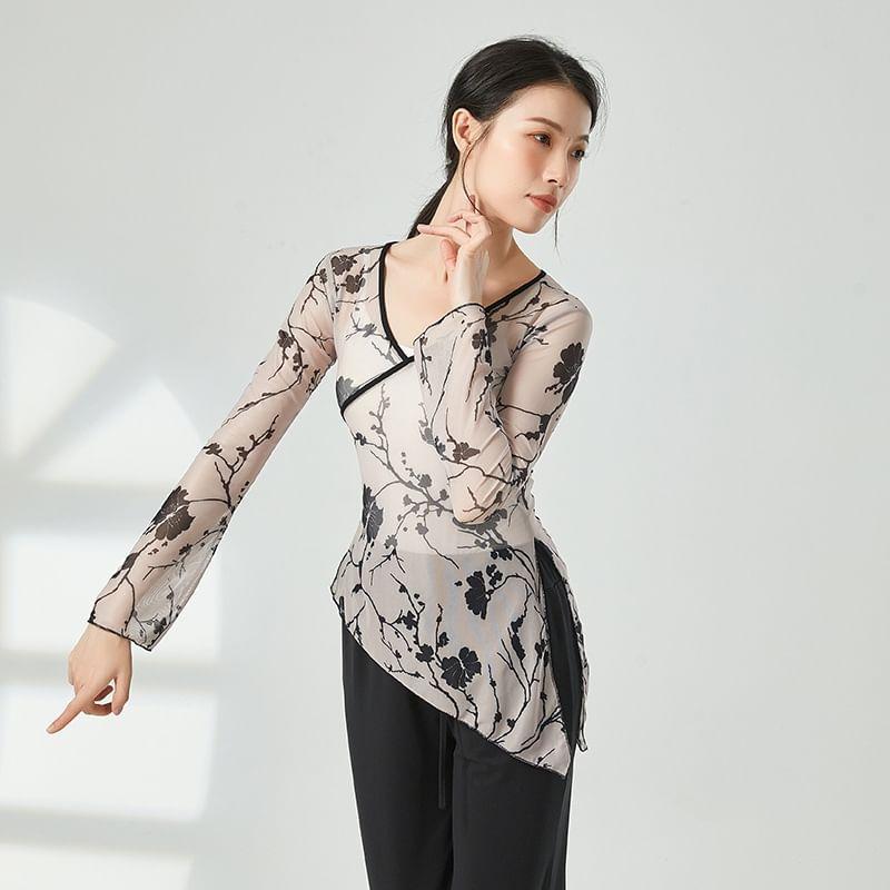 Long-Sleeve Floral Asymmetrical Dance Top Product Image