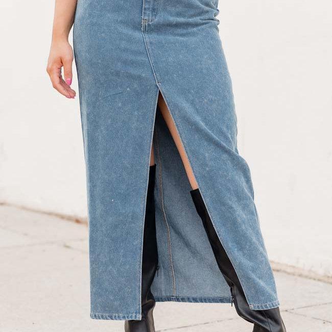 In Awe Light Wash Denim Midi Skirt FINAL SALE Product Image