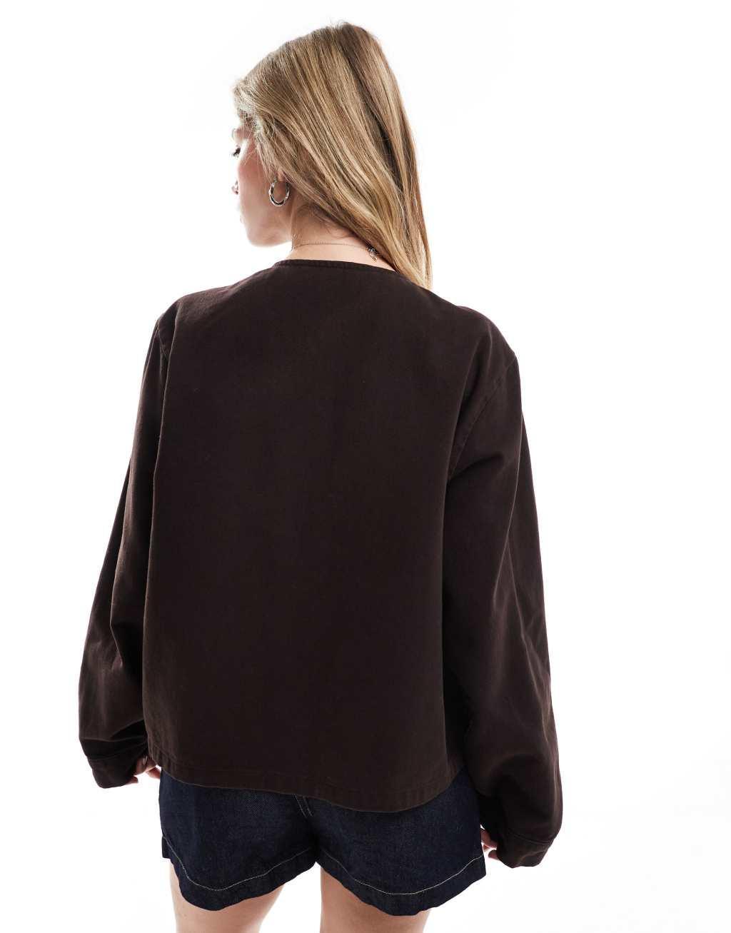 ASOS DESIGN denim long sleeve tie front top in brown Product Image
