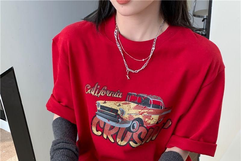 Short-Sleeve Crewneck Car Print T-Shirt Product Image