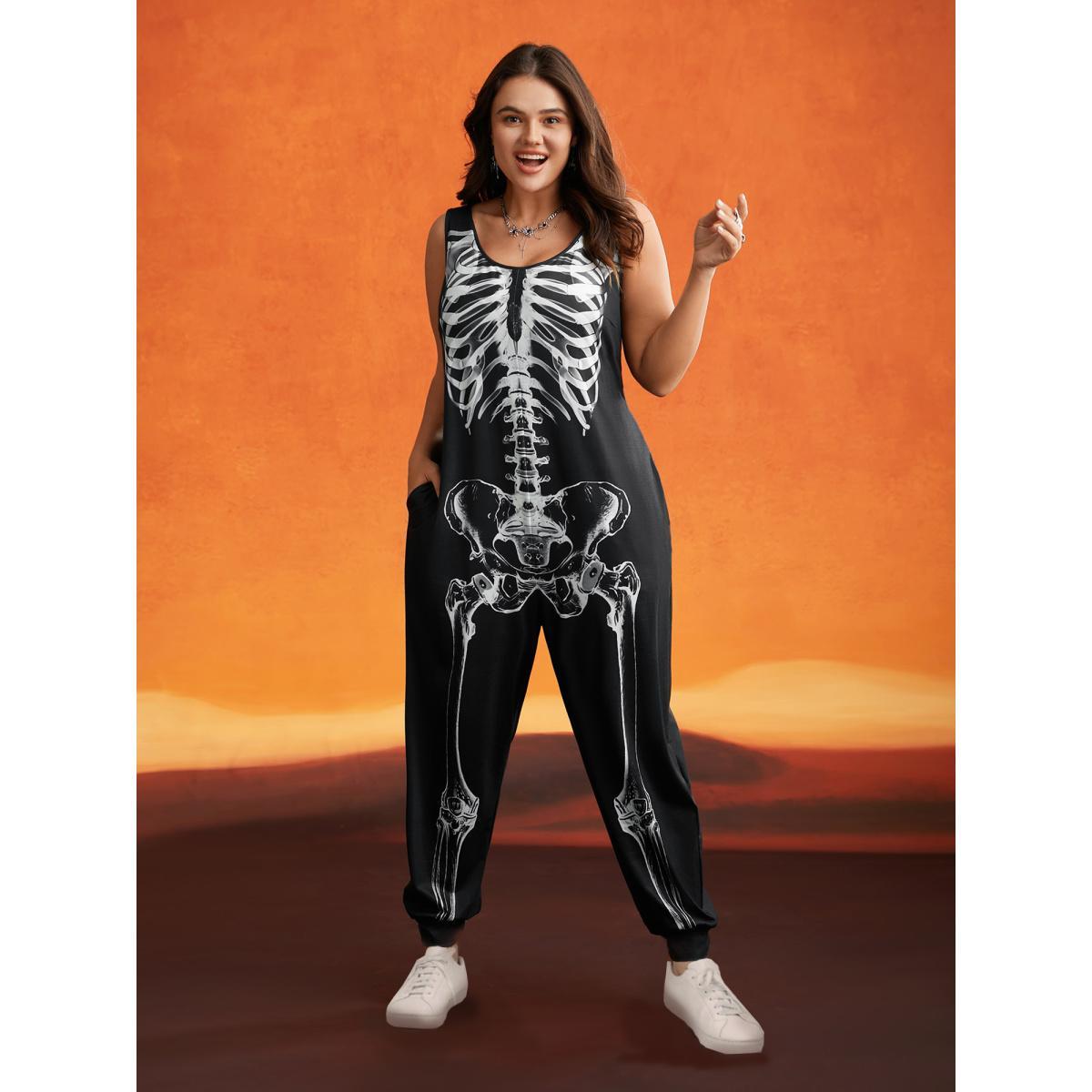 Plus Size Black Skeleton Printed Off-Sleeves Jumpsuit Women Cocktail Sleeveless U-neck Party Loose Jumpsuits BloomChic 10/M Product Image