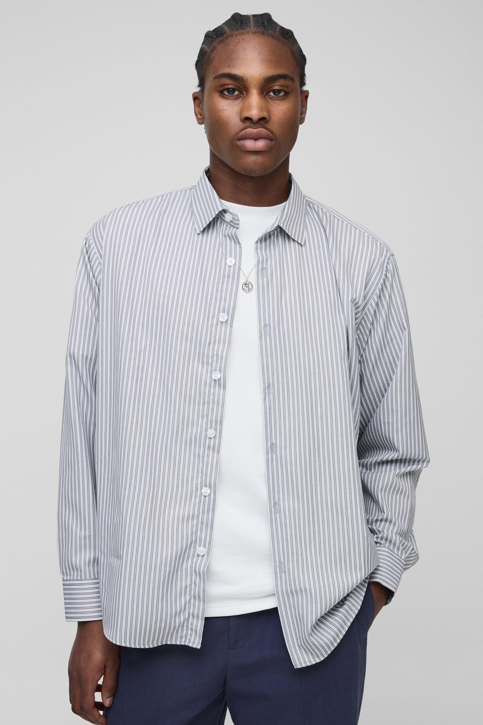 Oversized Stripe Long Sleeve Shirt | boohooMAN USA Product Image
