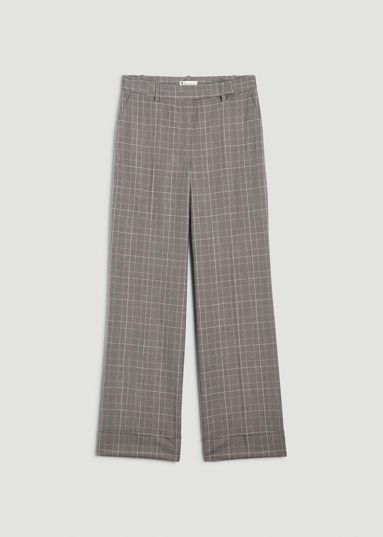 Wide-Leg Cuffed Pants for Tall Women in Navy Houndstooth with Teal Product Image