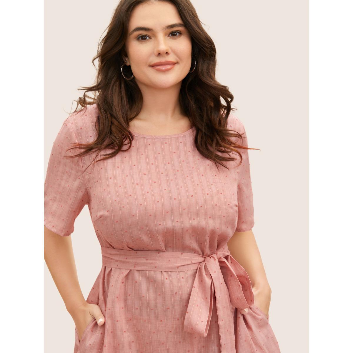 Plus Size Polka Dot Jacquard Split Hem Belted Dress Beanpastepowder Women Casual Texture Round Neck Short sleeve Curvy BloomChic 26/4X Product Image
