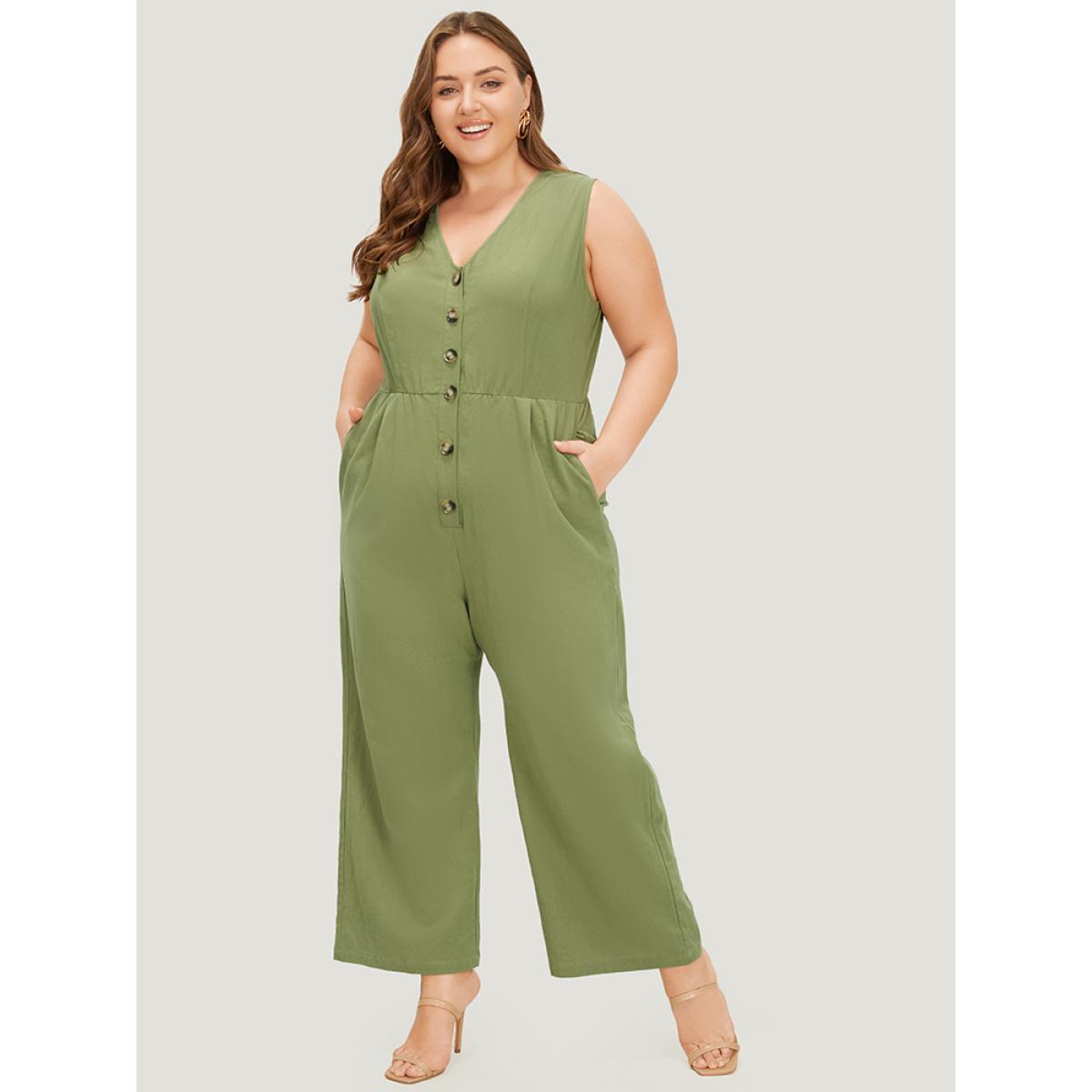 Plus Size Sage Plain Pocket Button Through Tank Jumpsuit Women Office Sleeveless V-neck Work Loose Jumpsuits BloomChic 18-20/2X Product Image