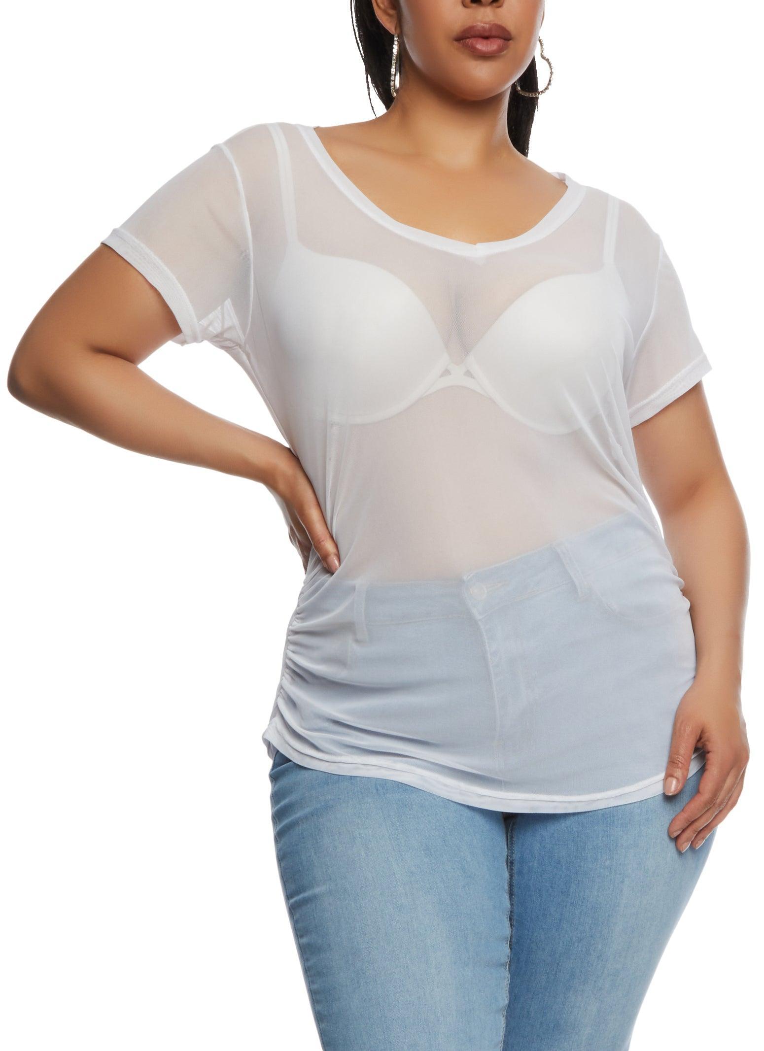 Womens Plus Size Mesh Ruched V Neck Top Product Image