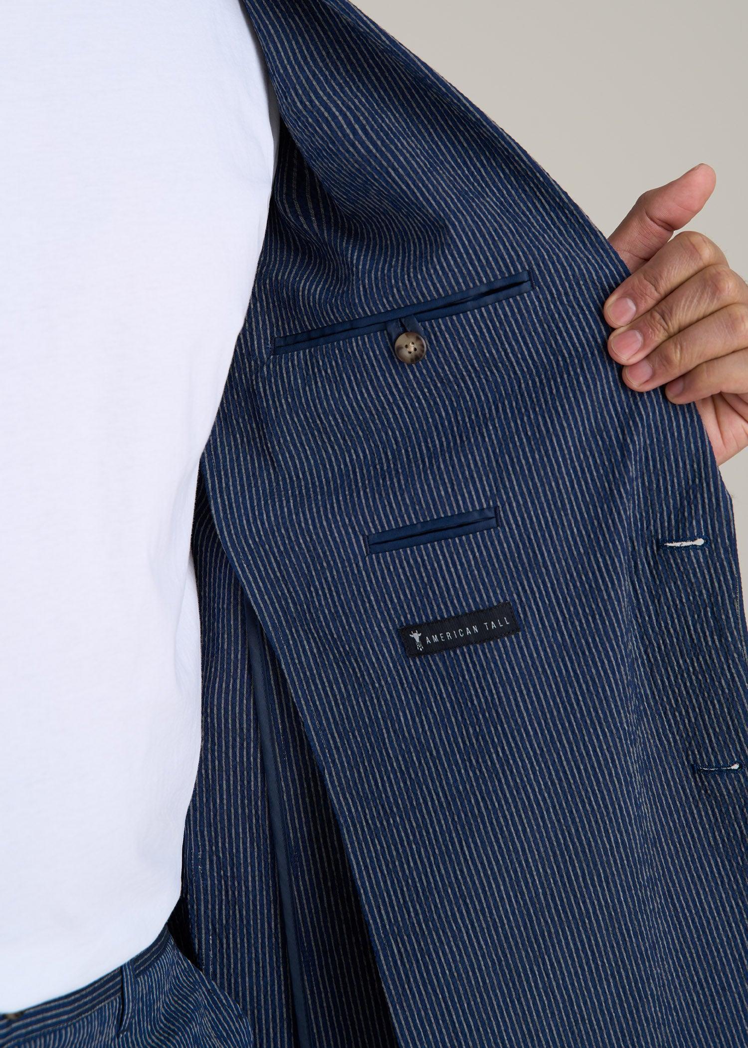 Stretch Seersucker Blazer for Tall Men in Navy and Off White Stripe Product Image