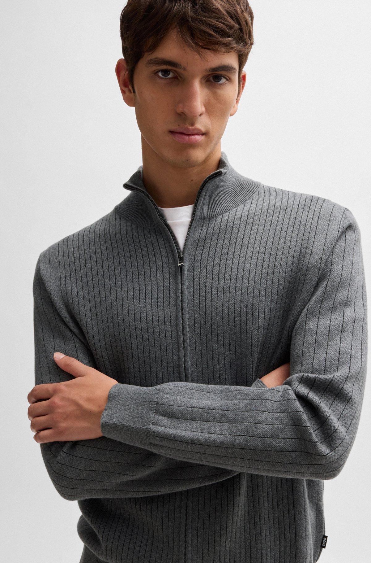 Zip-up cotton cardigan with knitted pinstripes Product Image