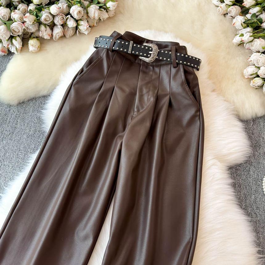 High Waist Faux Leather Wide Leg Pants Product Image