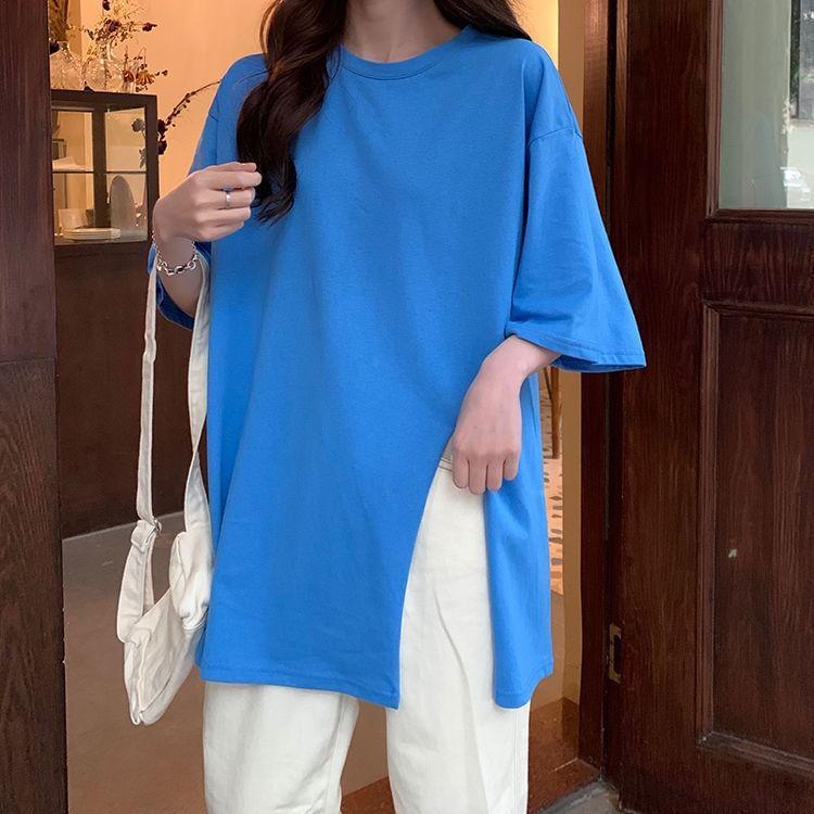 3/4-Sleeve Crew Neck Plain Slit Tee Product Image