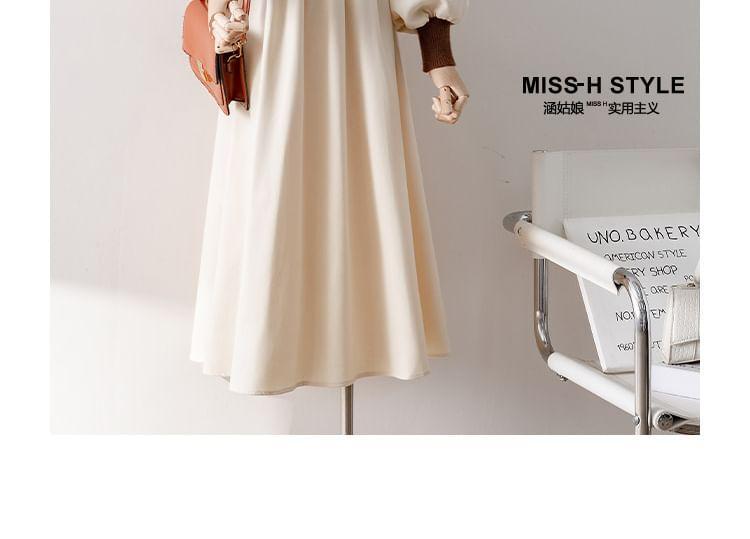 Balloon Sleeve V-Neck Bow Two Tone Double Breasted Knit Midi A-Line Dress Product Image
