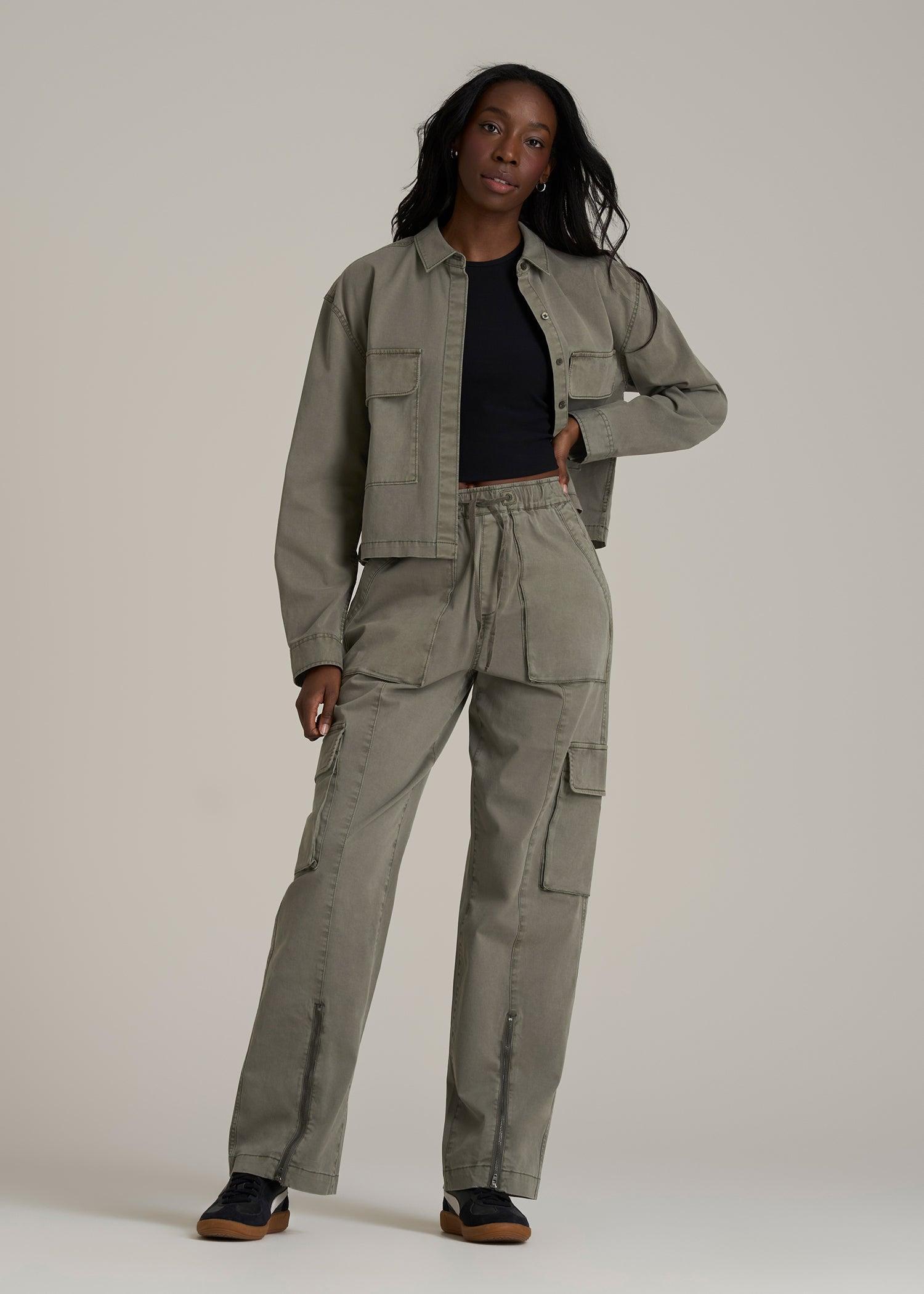 High Rise Garment Dyed Baggy Cargo Pants for Tall Women in Camper Green Product Image