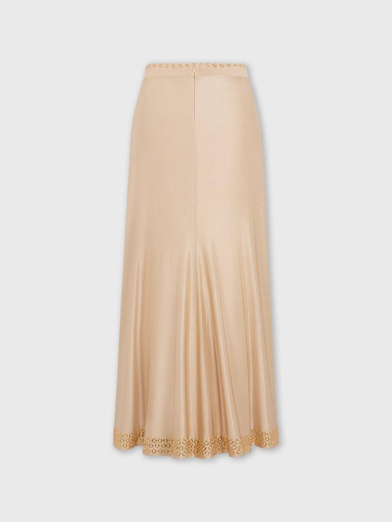 Long raffia colored skirt with embroidered metallic eyelets Product Image
