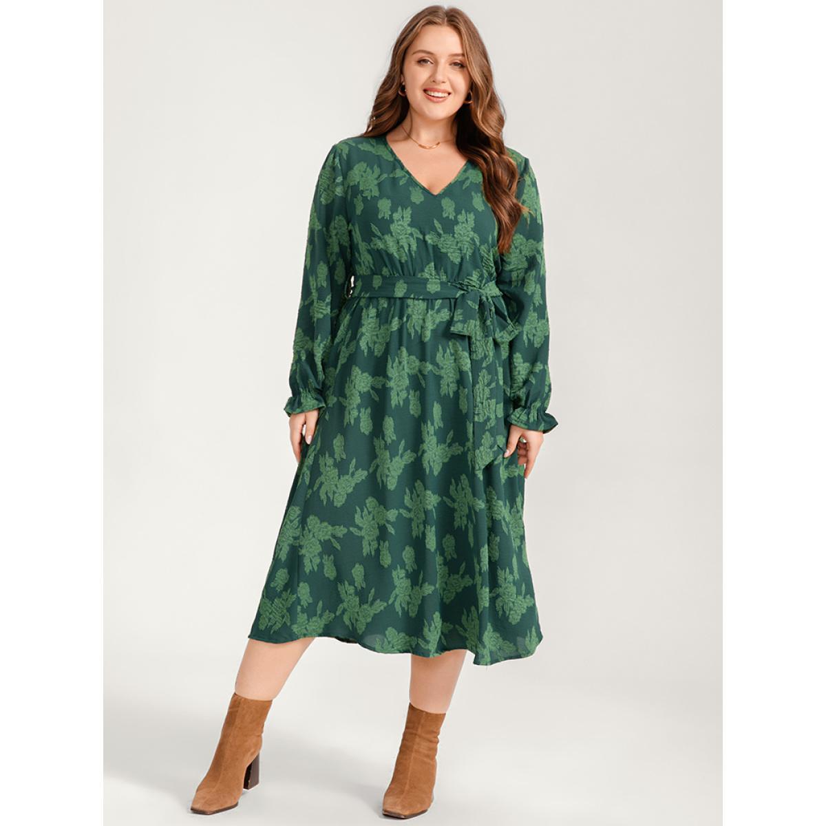 Plus Size Floral Print Lantern Sleeve Pocket Belted Midi Dress Green Women Elegant Pocket V-neck Long Sleeve Curvy Midi Dress BloomChic 12/L Product Image