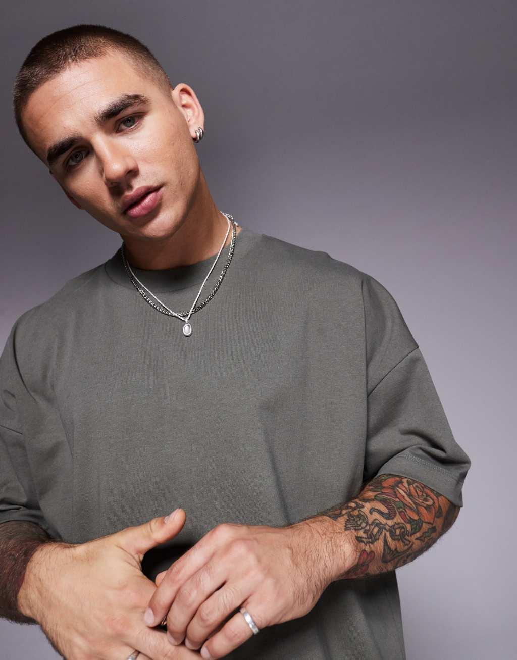 ASOS DESIGN heavyweight oversized boxy drop shoulder T-shirt in khaki Product Image