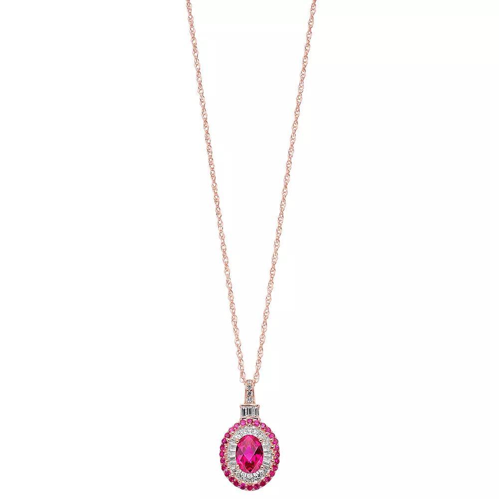 14k Rose Gold Over Silver Lab-Created Ruby & Lab-Created White Sapphire Oval Halo Pendant, Women's, Size: 18", Pink Tone Product Image