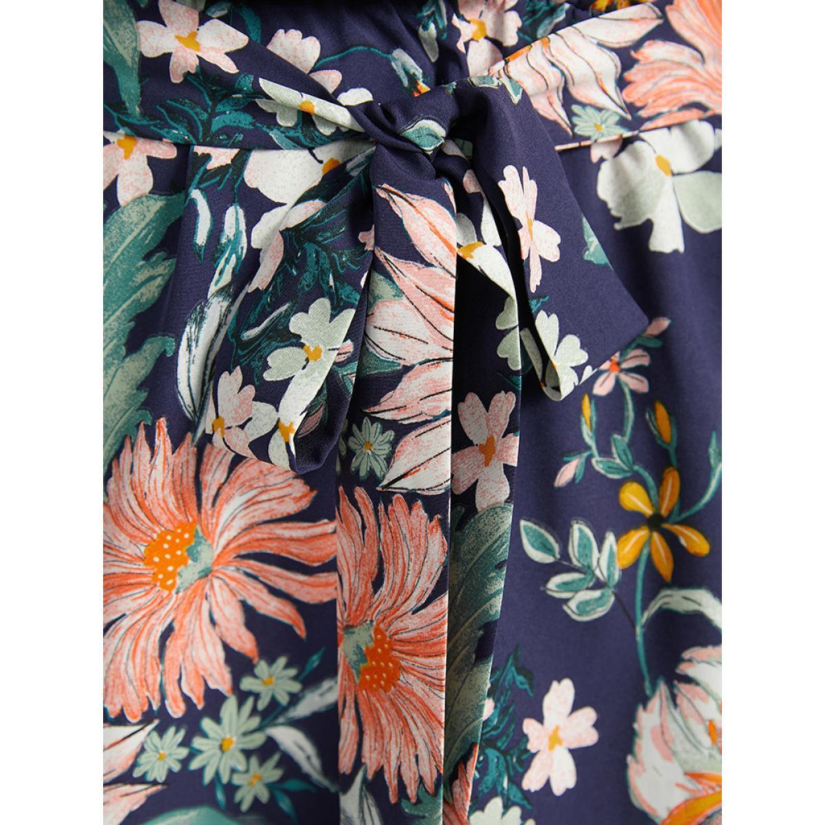 Plus Size Floral Print Overlap Collar Shirred Dress DarkBlue Women Elegant Belted V-neck Long Sleeve Curvy Midi Dress BloomChic 22-24/3X Product Image
